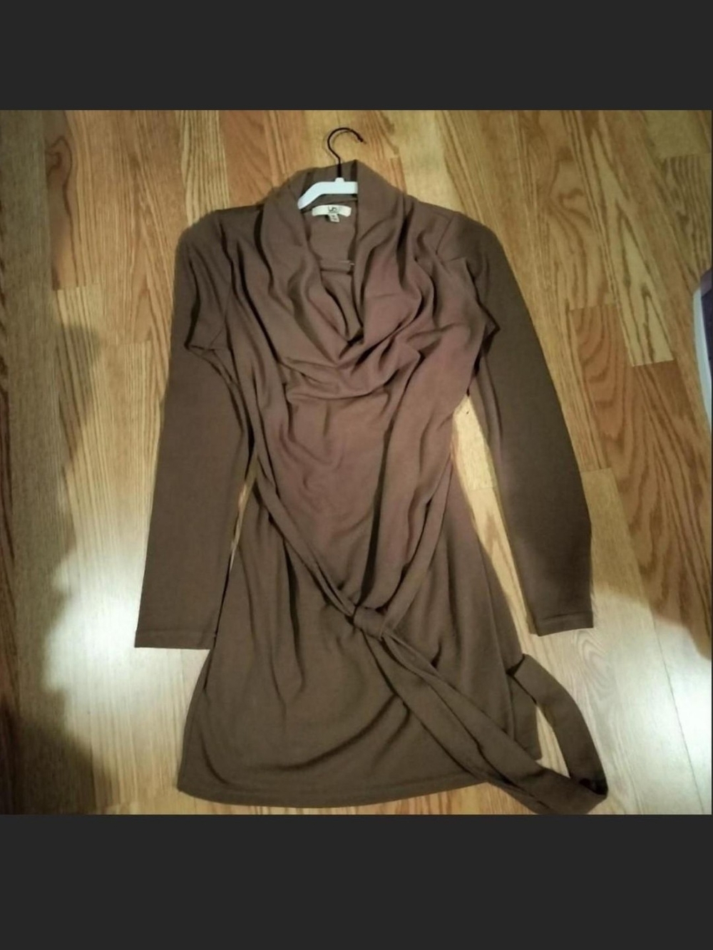 Los Angeles Apparel Brown Long Sleeve Cowl Neck Tie-Waist Dress